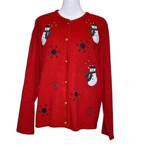 Vintage Crystal Kobe size M red embroidered Christmas button up cardigan snowmen
